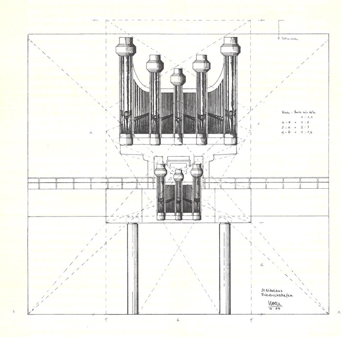 Skizze mit Proportionen der Orgel in St. Nikolaus