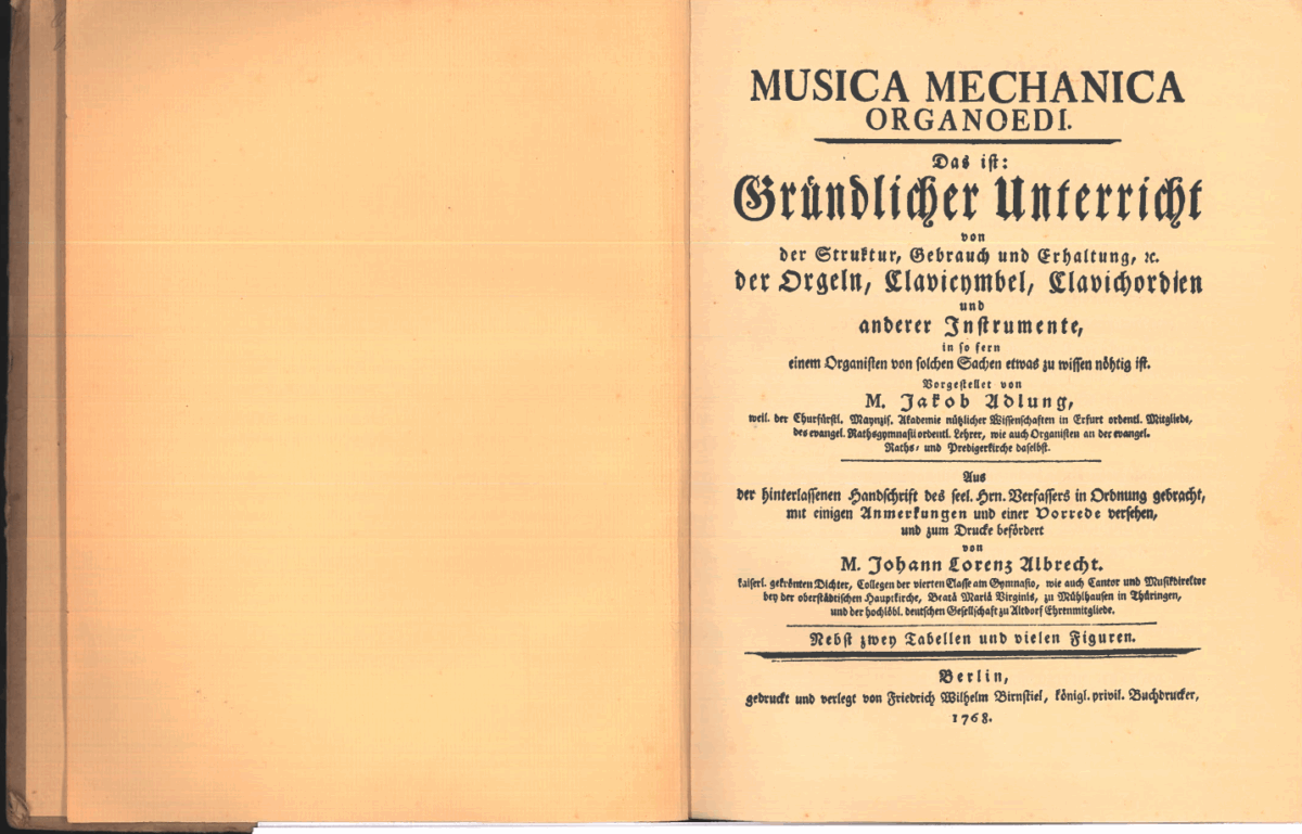Deckblatt des alten Buchs Musica Mechanica Organoedi