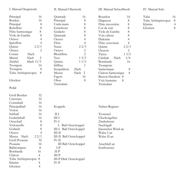 Disposition der Orgel in der Cathedrale St. Martin in Bratislava